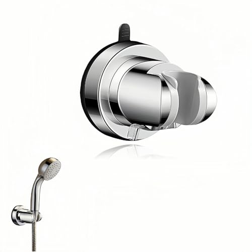 Vacuum Suction Cup Shower Head Holder, Adjustable Height No Drill Shower Arm Bracket with 360° Swivel, Handheld Shower Holder for Tile/Glass, Chrome Finish, Strong Hold for up to 11 lbs