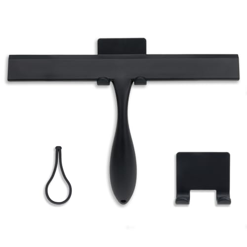 FY&XZH Never Rust Silicone Shower Squeegee for Glass Doors with Hook, Bathroom Cleaner Tool, Household Window and Mirror Squeegee, Ergonomic Thick Handle Squeegee for Shower Glass, 11-Inch (Black) - color: Black