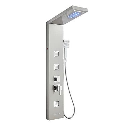 5-in-1 LED Shower Panel Tower System Stainless Steel | Rainfall + waterfall heads | 3 massage sprays | Handheld shower | Waterfall tub spout | LED lights | Wall mount - color: Brushed Nickel
