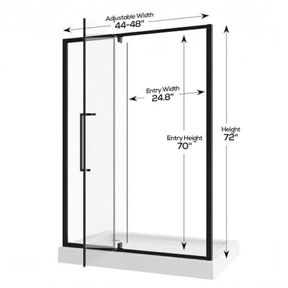 44-48" W x 72" H Pivot Shower Doors, Semi-Frameless Swing Glass Shower Doors Water Repellent, with 1/4" (6mm) Clear SGCC Tempered Glass, Reversible Installation, Matte Black Finish | 1/4" (6mm) Clear SGCC Tempered Glass with a 24.8" walk-in opening, Matte