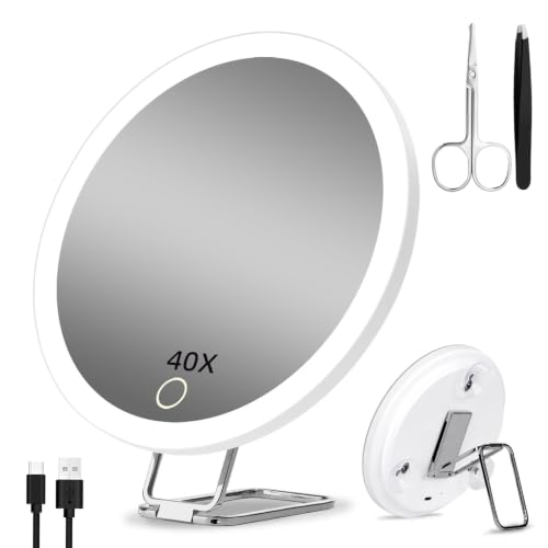 Travel Makeup Mirror with 40X Magnification, Magnifying Mirror with Suction Cups & Stand, 3 Color Dimmable LED Lights, 1200mAh Rechargeable for Detailed Eye Facial Makeup, Seniors with Low Vision - color: 40x -White