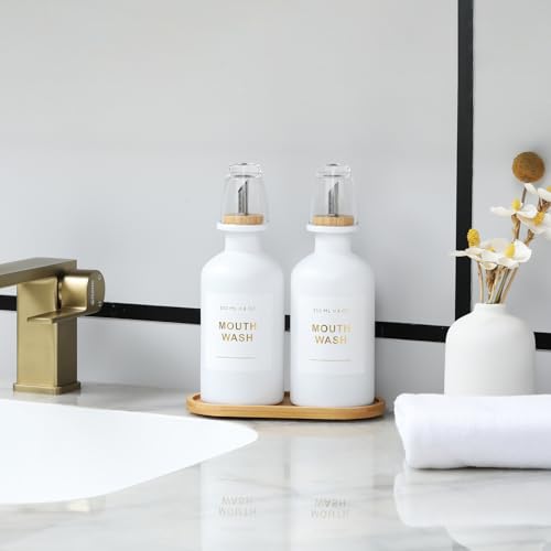 11.8OZ Mouthwash Dispenser, Set of 2, White | Bamboo & Stainless Steel Pour Spout, Mouthwash Cups Reusable, Bamboo Tray, Elegant Gold Label - color: White/350*2