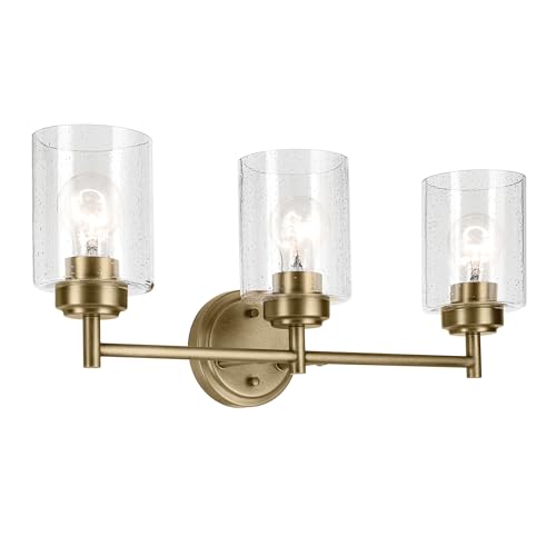Kichler Winslow 3-Light Farmhouse Vanity Light, Natural Brass | Clear seeded glass vanity light with industrial styling (21.5" x 9.25"), 45886NBR - color: Natural Brass, size: 21.5"