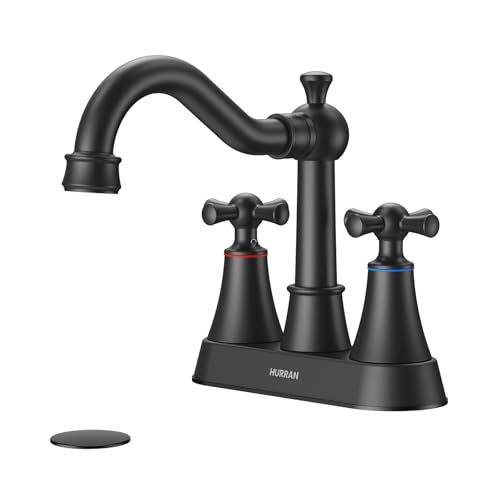 Hurran 4-inch Centerset Matte Black Classical Bathroom Faucet, 2 Handles for 2 or 3 Hole Sink with 360° Swivel Spout, Pop Up Drain Assembly and Supply Hose for Vanity Sink Lavatory Faucet - color: Black, size: 4in