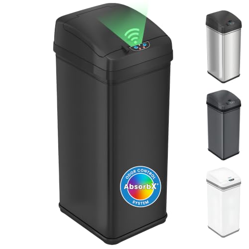 iTouchless 13 Gallon Sensor Trash Can with Lid, Pet Lock & Odor Filter, Patented 50L Automatic Motion Sensor Kitchen Garbage Can Luxury Fingerprint-Proof Stainless Steel Rectangular Wastebasket, Black - color: Matte Black