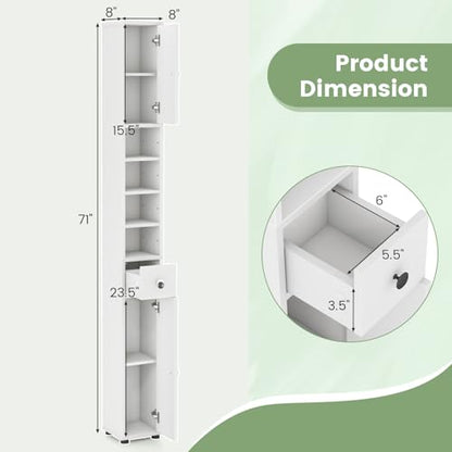 Tall Bathroom Storage Cabinet, 71’’ Slim Linen Tower Organizer with 2 Doors, 5 Adjustable Shelves & 1 Drawer, Narrow Floor Freestanding Bathroom Cabinet for Small Spaces (White)