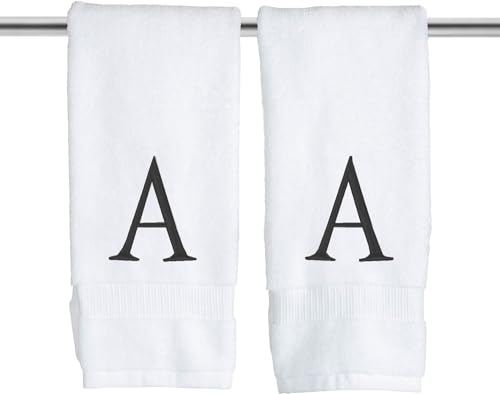 White with Black Monogrammed Hand Towels for Bathroom - Set of 2 Letter A | Luxury Hotel Quality Initial Towels For Powder Room, Spa, GOTS Organic Certified - color: Black, size: Initial A