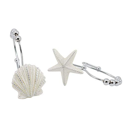 BEAVO Seashell Shower Curtain Hooks,12 Pcs Double Roller Glide Rust-Resistant Stainless Steel Decorative Shower Curtain Rings for Bathroom, Baby Room, Bedroom, Living Room Decor (White)