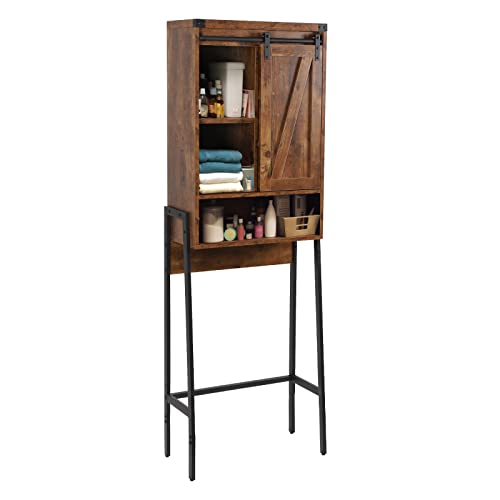 Over Toilet Storage Cabinet with Barn Door & Adjustable Shelves | 24 Inch Wide Bathroom Organizer, Space-Saving, Sturdy Wood, Anti-Tipping, Easy Assembly, for Restroom, Laundry, Small Spaces - color: Brown