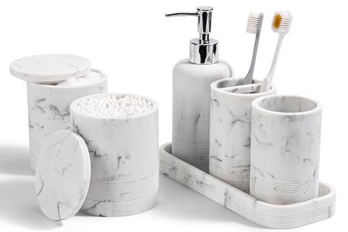Bathroom Accessories Set, 6-Piece Bathroom Accessory Set, Toothbrush Holders Set, Soap Dispenser, Vanity Tray, Tumbler, Cotton Swab Jars, Bathroom Organizer for Modern Bathrooms (Marble White) - color: Marble White
