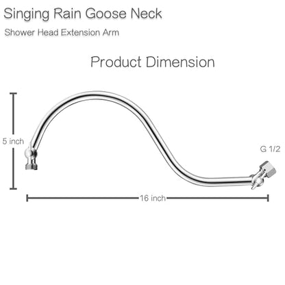 15 inch Goose Neck Curved Extra Long Adjustable Shower Head Extension Arm With Locking Set Screw, Singing Rain Brass Angle Height Adjustable, G1/2 Universal Connector Compatible (Chrome Finish)