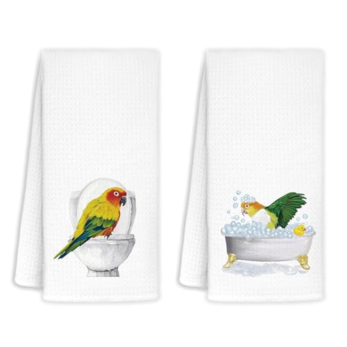 Jvpke Funny Parrot Bath Hand Towels - Set of 2, 16x24 Inches, Parrot Color, Waffle Weave, Super Absorbent, Machine Washable - color: Parrot