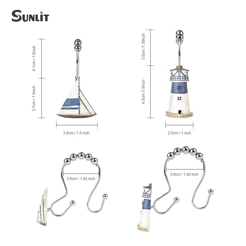Sunlit Nautical Double Shower Curtain Hooks, Home Decorative Coastal Shower Curtain Rings for Bathroom, Resin, Ocean Shower Curtain Hanger Hooks for Living Room, Set of 12, Blue Lighthouse Sailboat - size: Sailboat & Lighthouse With Double Hooks