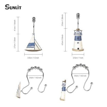 Sunlit Nautical Double Shower Curtain Hooks, Home Decorative Coastal Shower Curtain Rings for Bathroom, Resin, Ocean Shower Curtain Hanger Hooks for Living Room, Set of 12, Blue Lighthouse Sailboat - size: Sailboat & Lighthouse With Double Hooks