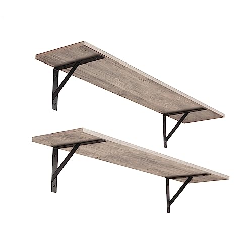 Long Wall Shelves, 31.5" Wall Mounted Shelves with Metal Brackets | Floating Book Shelf, Set of 2, Easy Assembly, Max Load 22lbs, Wood Wall Storage Ledges, Living Room/Bathroom/Bedroom, Greige - color: Greige, size: 31.5 Inch