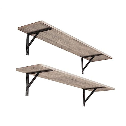 Long Wall Shelves, 31.5" Wall Mounted Shelves with Metal Brackets | Floating Book Shelf, Set of 2, Easy Assembly, Max Load 22lbs, Wood Wall Storage Ledges, Living Room/Bathroom/Bedroom, Greige - color: Greige, size: 31.5 Inch