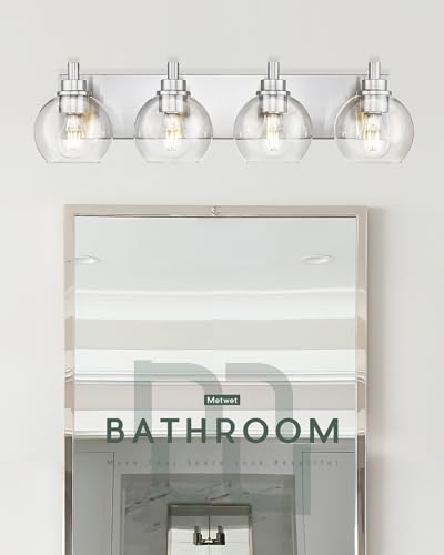 4-Light Brushed Nickel Bathroom Vanity Light, Clear Glass Globes | 26" modern bathroom light fixtures over mirror, E26 base, bulbs not included, VL195-BN-CL-4 - color: Brushed Nickel, Clear Glass, size: 4-light
