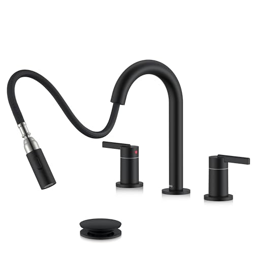 Matte Black Pull Down Widespread Bathroom Faucet 2 Handle 3 Hole | Pull Out Bathroom Faucet with Pop Up Drain & Supply Lines, Lead-Free cUPC & NSF Certified, 8 Inch Faucet for Vanity RV Sink - color: Matte Black