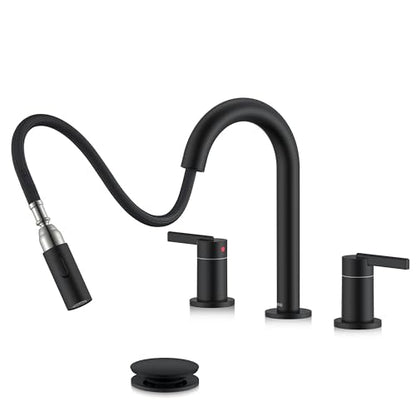 Matte Black Pull Down Widespread Bathroom Faucet 2 Handle 3 Hole | Pull Out Bathroom Faucet with Pop Up Drain & Supply Lines, Lead-Free cUPC & NSF Certified, 8 Inch Faucet for Vanity RV Sink - color: Matte Black