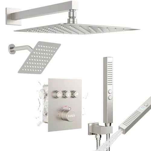 Thermostatic Shower System Brushed Nickel, STARBATH Shower Faucets Sets 12+ 6" Wall Mount Rain Shower and 2 in 1 Handhled, Can Use All at Once, Push Button 3 Modes Valve Complete Shower Set - color: Brushed Nickel, size: 6+12 inch-12