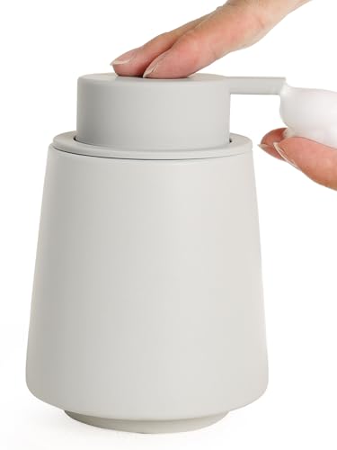 INGOFIN Ceramic Foaming Soap Dispenser -14 oz Foam Hand Soap Dispenser Bathroom, Modern Refillable Dish Wash Bottle for Kitchen with Large Pump, Matte Grey - color: Grey-foam