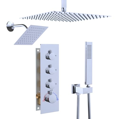 Enga Thermostatic Dual Head Shower System, 16 Inch Ceiling Mount Shower Head with 6 Inch Wall Mount Shower Head Shower Faucet Set, All Functions Can Operate Simultaneously, Chrome - color: Chrome, style: ‎16"+6" Head