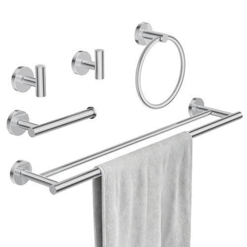 Chrome Bathroom Hardware Accessories Set 5 pcs Double Towel Holder Bar Set | 24 inches Stainless Steel Towel Bar, Towel Racks for Bathroom Robe Towel Hooks Toilet Paper Holder Wall Mounted by BATHLAVISH - color: Polished Chrome