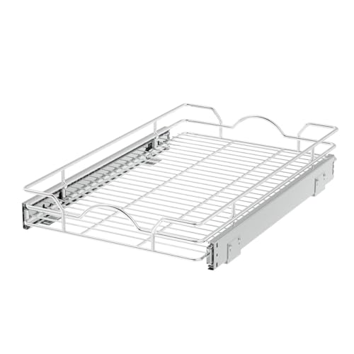 OCG Pull Out Cabinet Organizer 2 Pack (12" W x 21" D), Pull out Shelves 1 Tier, Cabinet Slide Out Shelves for Base Cabinet Organization in Kitchen Bathroom Pantry, Bottom Mount, Chrome Finish - size: 12W21D, 2Pack