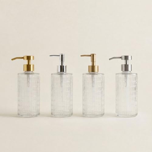 Fluted Glass Hand Soap Dispenser with Silver Slim Pump,17oz | Clear Ribbed Glass Bottle for Bathroom, Dish Soap Dispenser for Kitchen, Rust-Proof Pump - color: Silver Slim