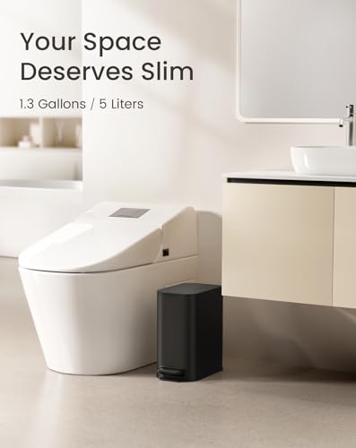 Cesun Small Black Bathroom Trash Can with Lid Soft Close & Pedal, 1.3 Gal | Removable Inner Bucket, Slim Stainless Steel Garbage Can for Bedroom/Office, Included 5 Trash Bags, Hidden Bag, Built to Last - color: Black