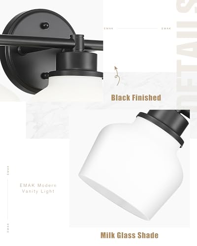 Emak 2-Light Vanity Light, Modern Farmhouse Black Bathroom Fixture Over Mirror With Milk Glass Shade, VL122-BK-ML-2 - color: Black & White Glass, size: 2 Light