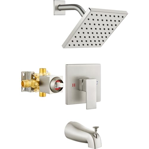 Heyalan 6 Inch Shower Set with Tub Spout and Valve,Brushed Nickel | 6-inch square rainfall head, tub spout with diverter, male-thread rough-in valve, single-handle control and wall-mount design - color: Brushed Nickel, size: 6 Inch Square Shower Head