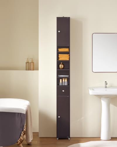 SoBuy Bathroom Storage Cabinet Adjustable Shelves, Tall Narrow, Brown | Freestanding Cupboard With Adjustable Shelves, Space-Saving Storage For Tiny Bathroom Gaps, BZR34-BR - color: Brown