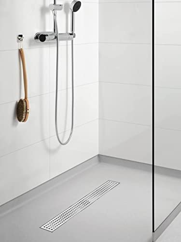 Linear Shower Drain, Shower Drain 32 inch with Removable Grate Cover, Professional AISI 304 Stainless Steel Shower Floor Drain, Linear Drain with Hair Catcher and Leveling Feet | Square Hole Panel,AISI 304 Stainless Steel Fast Drainage Rectangle Hidden Sh