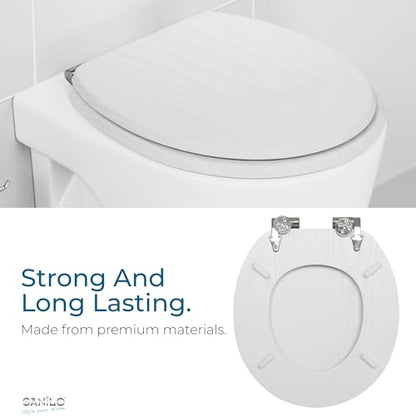 SANILO Wooden Toilet Seat with Soft Close [ROUND] - Decorative, Quiet & Slow Close Molded Wood Seat - With Strong Bumpers & Hinges - Adjustable Fit – White Wood - color: White Wood