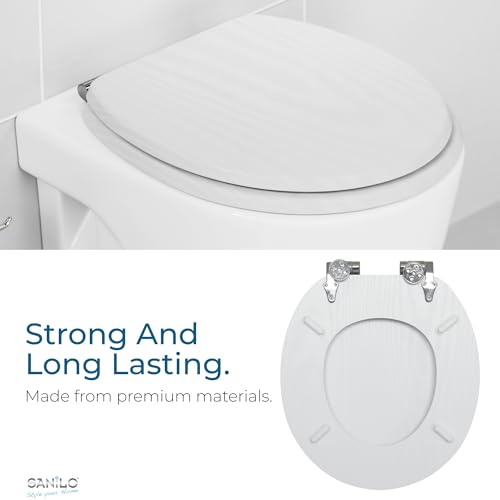 SANILO Wooden Toilet Seat with Soft Close [ROUND] - Decorative, Quiet & Slow Close Molded Wood Seat - With Strong Bumpers & Hinges - Adjustable Fit – White Wood - color: White Wood