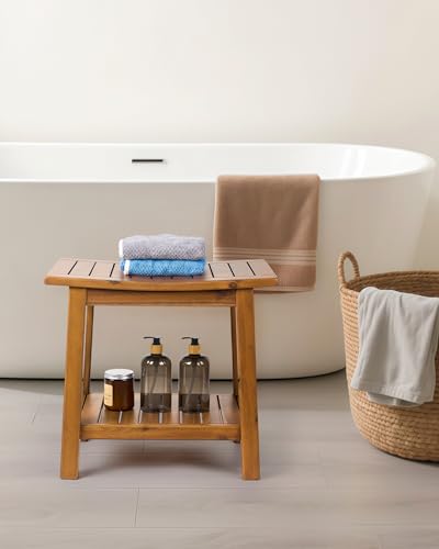 Upolana Outdoor Shower Bench, 20" Solid Acacia Wood Shower Stool Waterproof Shower Seat with Storage Shelf for Bathroom - SB001V