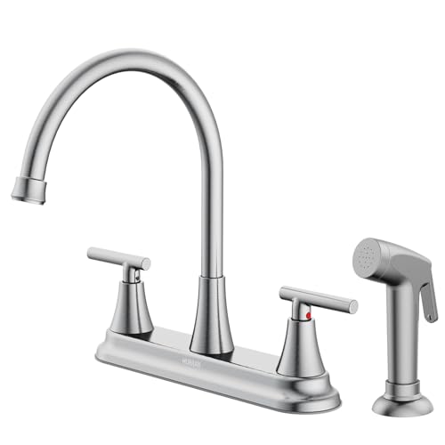 HURRAN 2-Handle Kitchen Faucet with Pull-Out Side Sprayer, 8 Inch High Arch Stainless Steel 360°Rotating Kitchen Sink Faucet, 4 Hole Faucet for Kitchen Bar Rv Camper, Nickel - color: Nickel, style: With Side Sprayer