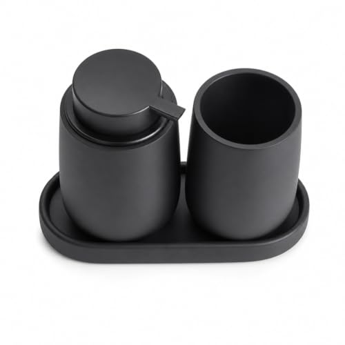 Ceramic Bathroom Accessories Set, 3 Pieces with Soap Dispenser, Toothbrush Holder, and Cup, Matte Black, Polished Finish (Balck) - color: Balck