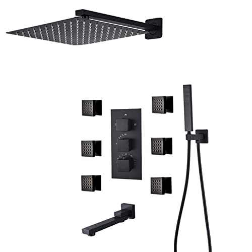 Shower System Thermostatic Concealed Shower Faucet Set Wall Mounted Matte Black Anti Scald Shower Combo Set with 6 Body Sprays with Hand Shower and Waterfall Rainfal,16 Inch - size: 16 Inch