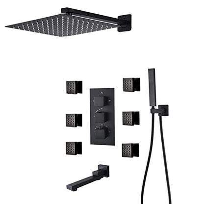 Shower System Thermostatic Concealed Shower Faucet Set Wall Mounted Matte Black Anti Scald Shower Combo Set with 6 Body Sprays with Hand Shower and Waterfall Rainfal,16 Inch - size: 16 Inch