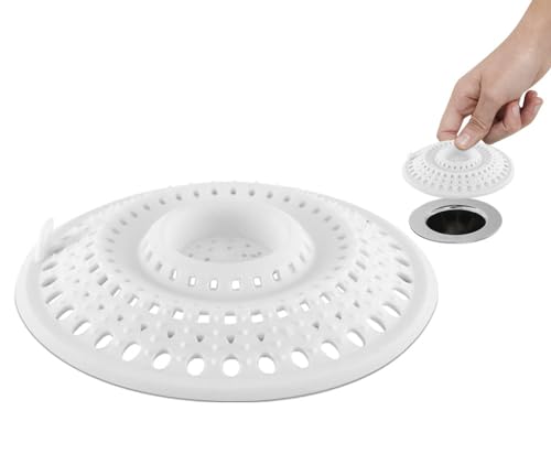 Meadow Lane 4.75-Inch Silicone Drain Hair Catcher, Fits Most Drains, White | Flat silicone cover adjusts to 3 drain setups; 4.75-inch design catches hair on top and lifts off for quick cleaning. - size: 1 Pack