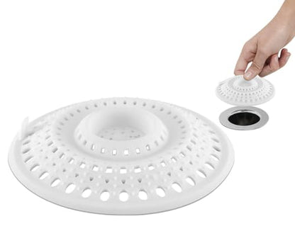 Meadow Lane 4.75-Inch Silicone Drain Hair Catcher, Fits Most Drains, White | Flat silicone cover adjusts to 3 drain setups; 4.75-inch design catches hair on top and lifts off for quick cleaning. - size: 1 Pack
