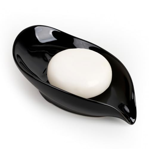 Soap Dish, Self Draining Soap Holder, Leaf Shape Ceramic Bar Soap Holder Drain Soap Dishes for Bathroom Sink Kitchen, Easy to Clean, Keeps Soap Dry, Black, ANTIS'S HOME - color: Black-1pcs-enhanced Draining