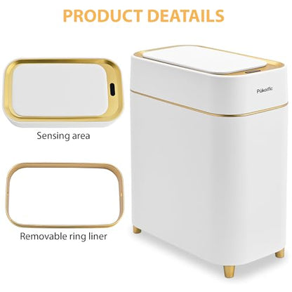Pukomc Automatic Small Sensor Trash Can with Touchless Lid | 2.3 Gallon / 9L Smart Garbage Can, Quiet Close White Gold Waste Bin - Perfect for Kitchen, Living Room & Small Spaces - color: White