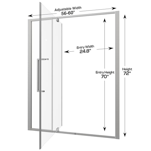 56-60" W x 72" H Pivot Shower Doors, Semi-Frameless Swing Water Repellent Glass Shower Doors with 1/4" (6mm) Clear SGCC Tempered Glass, Chrome Finish, Reversible Installation, Magnetic Closing | 1/4" (6mm) Clear SGCC Tempered Glass with a 24.8" walk-in op