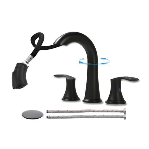 Bathroom Faucet Matte Black 8 Inch Certerset 3 Hole 2 Handles Faucet, BF-106B, 14 Inch Pull Down Out Sprayer Washing Pet & Cleaning, 360 Swivel Spout Widespread Coverage Vanity - color: Matte Black