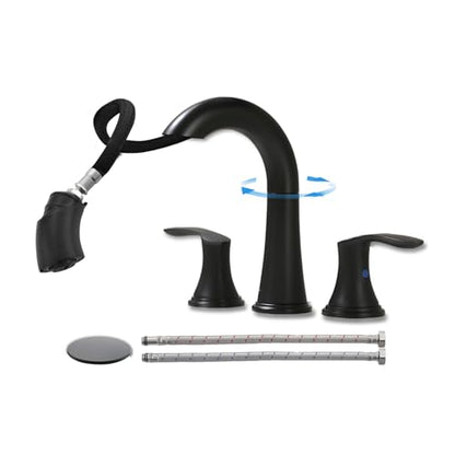Bathroom Faucet Matte Black 8 Inch Certerset 3 Hole 2 Handles Faucet, BF-106B, 14 Inch Pull Down Out Sprayer Washing Pet & Cleaning, 360 Swivel Spout Widespread Coverage Vanity - color: Matte Black