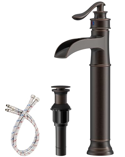 Waterfall Vessel Sink Faucet Brass Single Handle 1 Hole | Bathroom Sink Faucet with Pop Up Drain Without Overflow Oil Rubbed Bronze Tall Bathroom Faucets Homevacious - color: Oil Rubbed Bronze