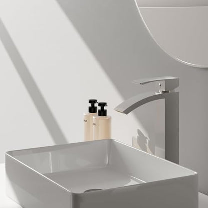Brushed Nickel Vessel Sink Faucet, Waterfall Bathroom Faucets | Brass, Tall Spout, Single Handle 1 Hole Bathroom Faucet, Modern Basin Taps with Supply Line, Pop Up Drain, Without Overflow - color: Brushed Nickel, size: Tall